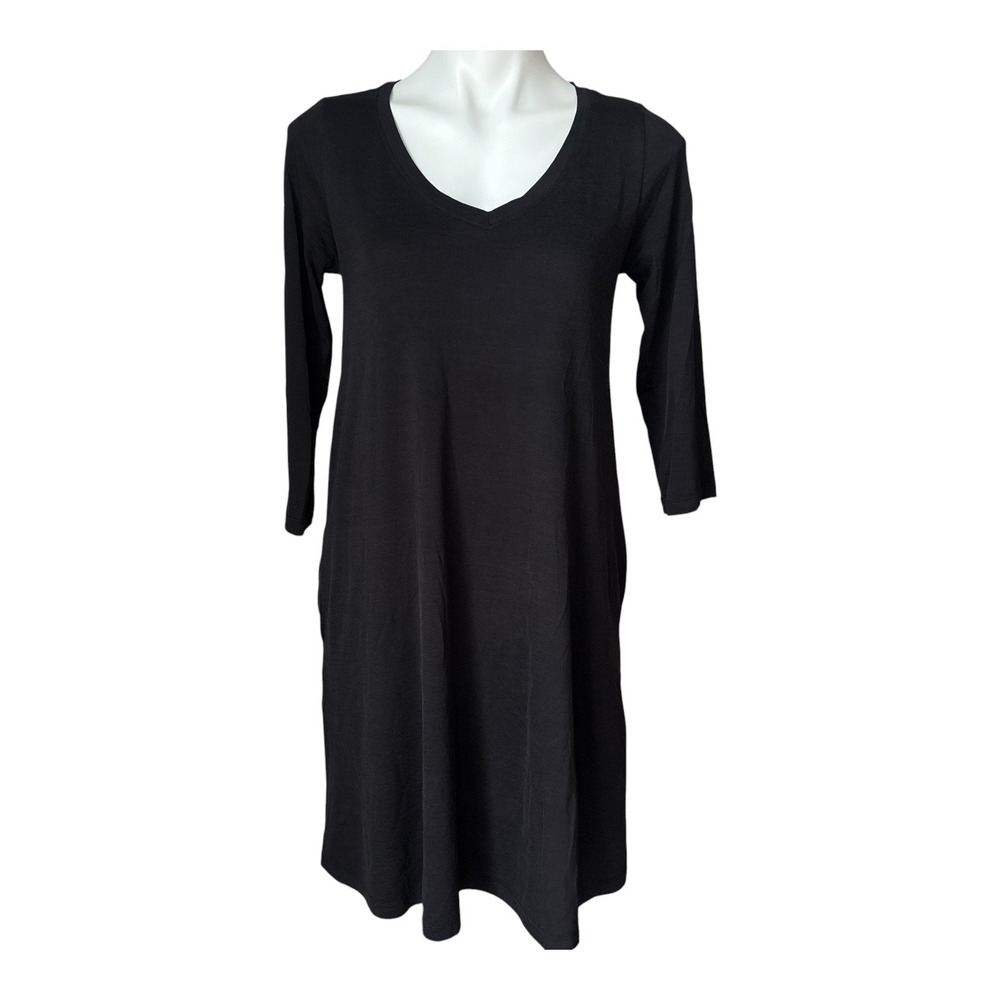 Wool& Willow Swing Black V-Neck Dress Womens Size Small Long Pockets 3/4 Sleeve